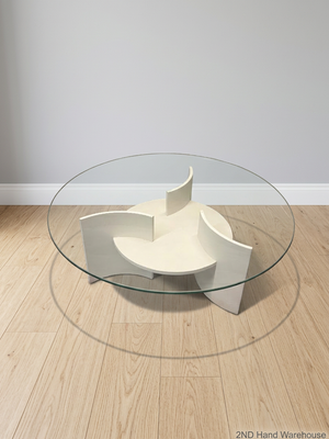 Round Glass Coffee Table with Designer White Base — Well Used Condition