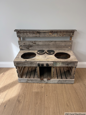 Rustic Grey Wooden Kids Mud Kitchen — Old and Weathered Condition