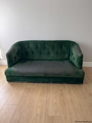 Tufted Green Velvet-Look 2 Seater Couch — Significant Upholstery Wear and Thinning Fabric