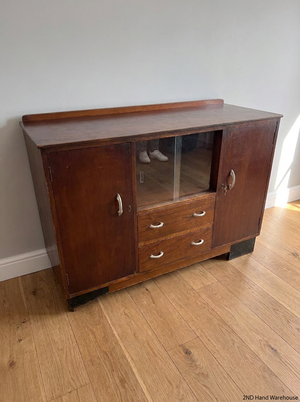 Vintage Wooden Sideboard with Glass Display Compartment — Good Wood Condition