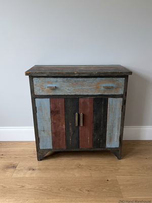 Rustic Multi-Coloured Wooden Sideboard Cabinet — Worn Vintage Finish with Visible Chips