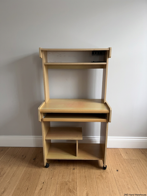 Light Oak Wood Computer Desk with Pull-Out Tray and Hutch — Minor Wear