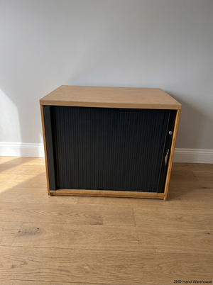 Wood Finish Office Credenza with Black Tambour Door — Good Working Order - 2ndhandwarehouse.com