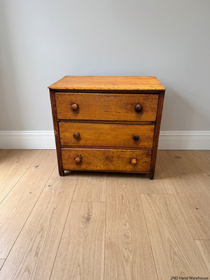 3-Drawer Wooden Chest in Light Oak Finish — Well Used; Visible Scratches and Aged Finish