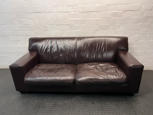3 Seater Dark Brown Leather Couch with Squared Armrests — Well Used with Visible Wear and Sagging