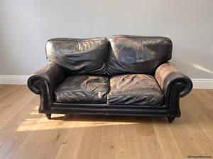 Black Genuine Leather 3-Seater Couch - Visible Leather Wear - 2ndhandwarehouse.com