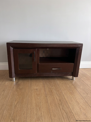 Compact Brown Wood TV Unit with Glass Door and Drawer — Good Working Order