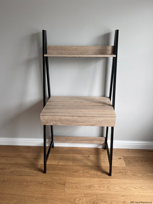 Oak Finish Ladder Desk with Metal Frame and Shelf — Slight Wear on Top Shelf Underside