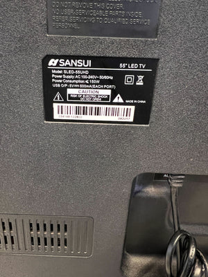 Back of a Sansui LED TV with label and power cord.