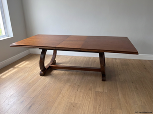 Brown Timber Dining Set with 6 Upholstered Chairs — Damaged Chair Seats and Stained Sideboard Top - 2ndhandwarehouse.com
