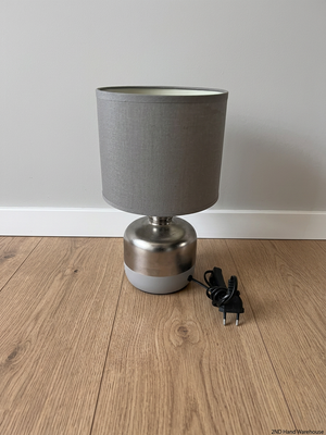 Modern Metallic Table Lamp with Grey Fabric Shade — Good Working Order