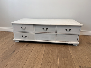 White Wooden Coffee Table with Through-Drawers — Surface Scratches and Missing Handle