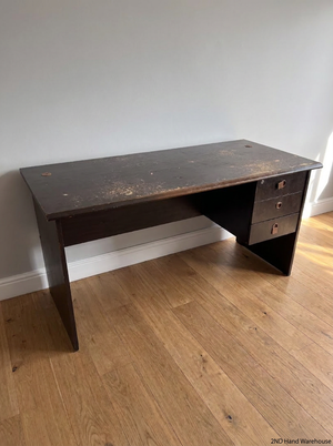 Dark Wood-Look Office Desk with 3 Drawers — Damaged Wood Surface