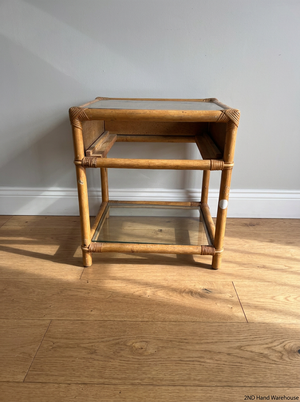 Bamboo Style Side Table with Glass Shelves — Fair Condition - Missing Drawer - 2ndhandwarehouse.com