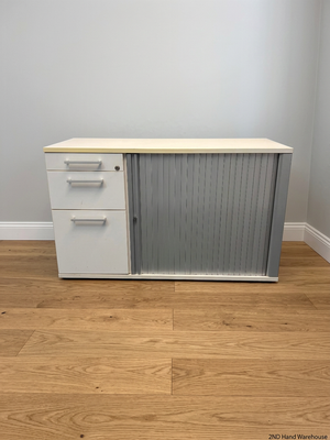White and Silver Office Credenza with Roller Door — Good Working Order