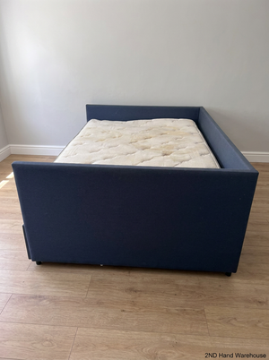 Navy Blue Upholstered Double Daybed with Mattress — Fair Used Condition with Mattress Staining