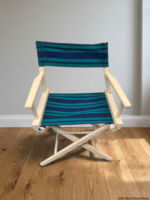 Striped Wooden Folding Director Chair — Worn Condition with Structural Use Wear
