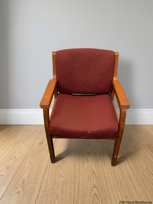 Red Fabric and Wood Office Chair — Well Used with Visible Wear and Scuffs