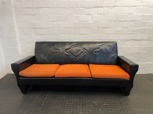 1960s Art Deco Orange and Black Pleather Three Seater Couch (Torn Backrest)