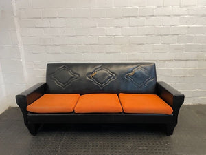 1960s Art Deco Orange and Black Pleather Three Seater Couch (Torn Backrest)