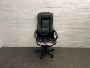 Black Pleather Office Armchair on Wheels (Torn Seat)