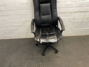 Black Pleather Office Armchair on Wheels (Torn Seat)