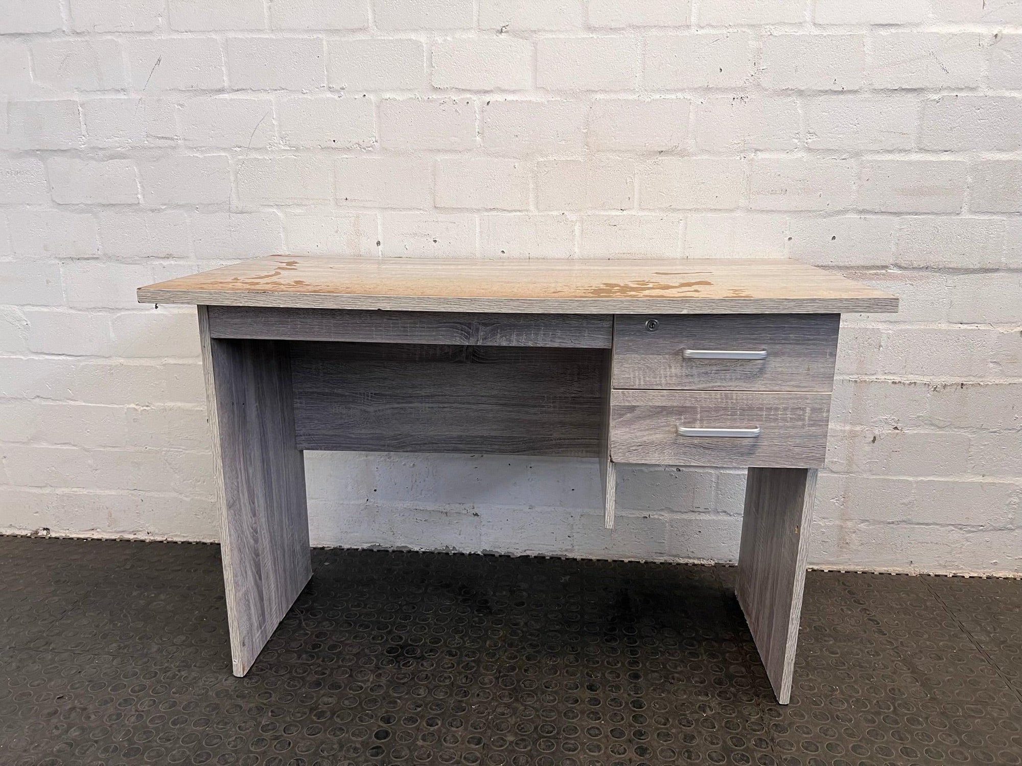 Two Drawer Grey Wood Print Desk (Scratched Top)