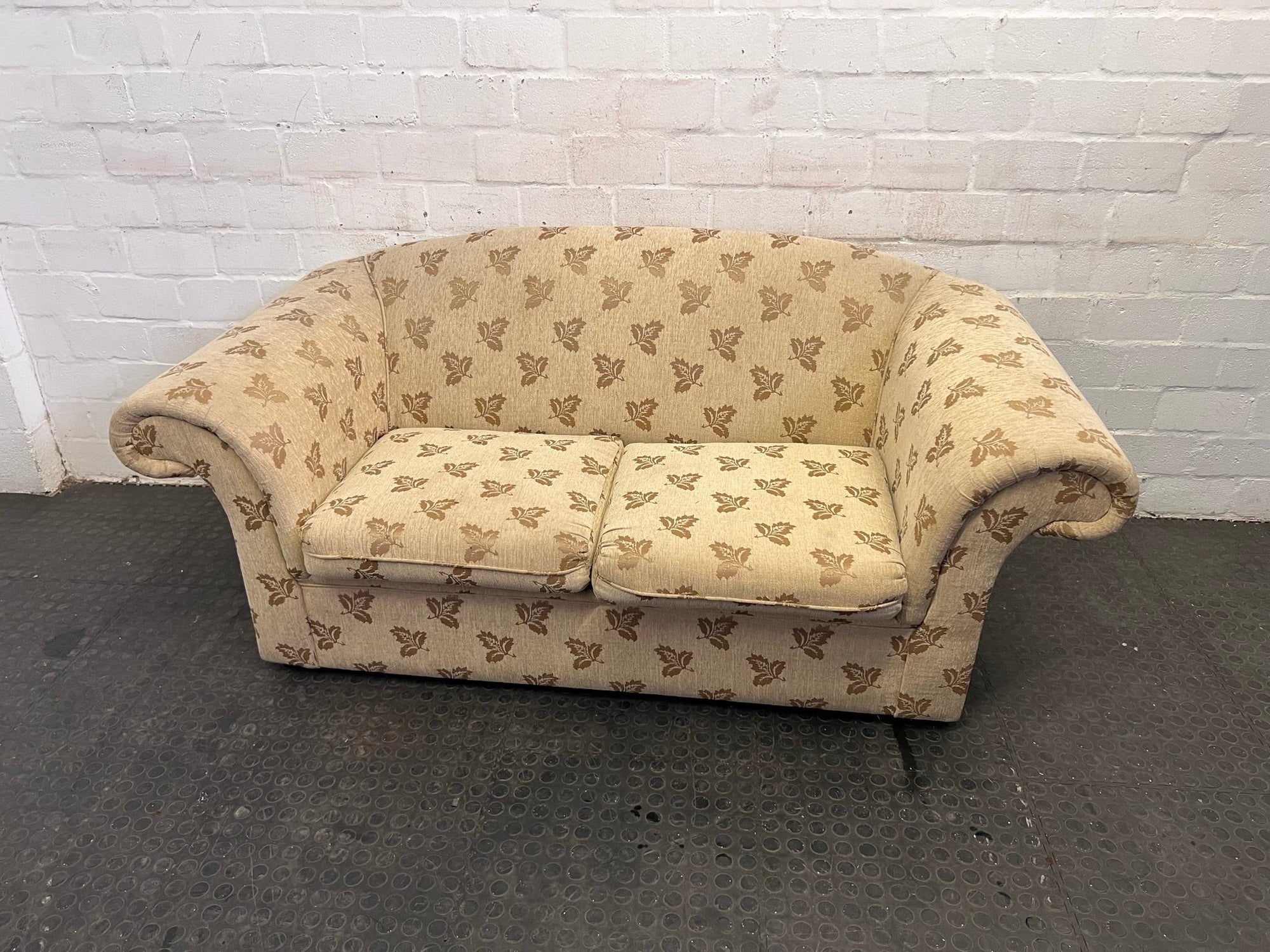 Cream Leaf Patterned Two Seater Couch - REDUCED