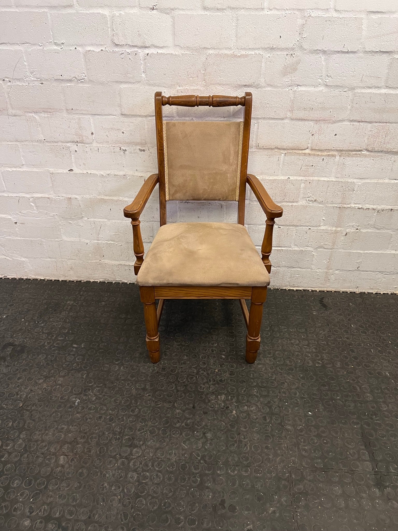 Wooden Framed Beige Cushioned Dining Chair with Arm Rests