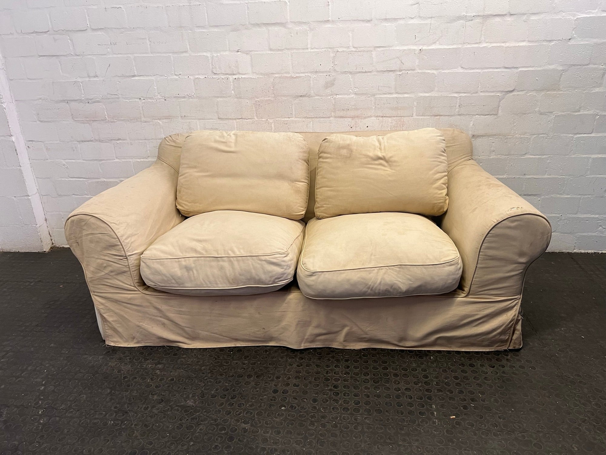 Cream Material Two Seater Couch (Tear in Material on Armrest) - REDUCED