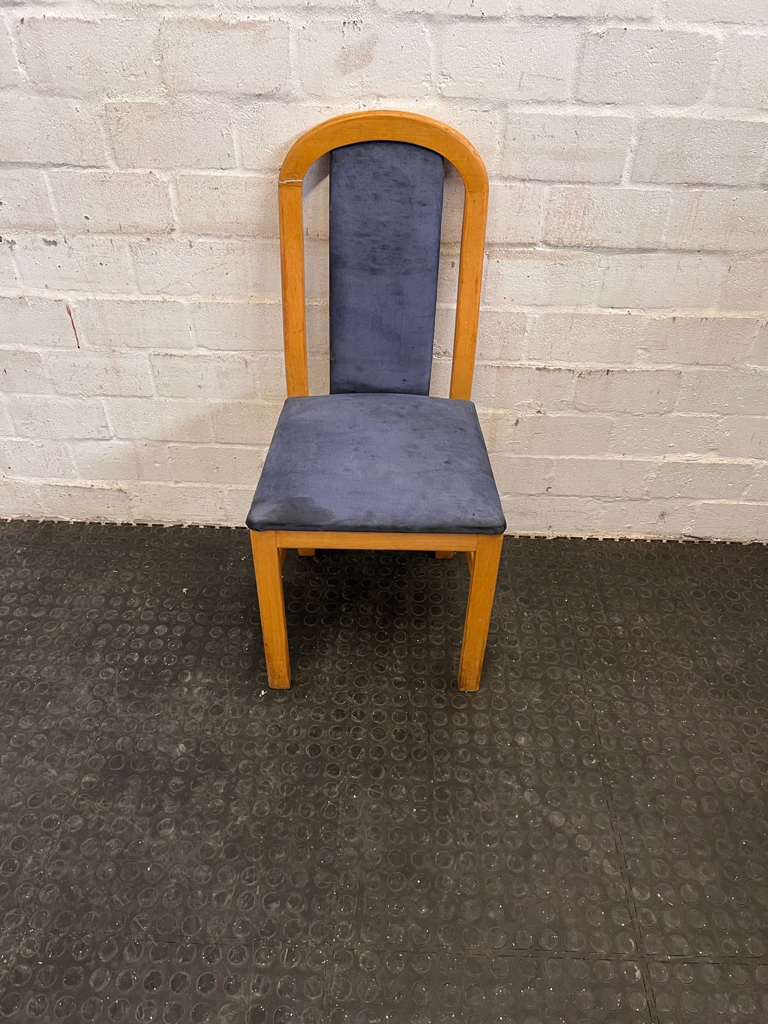 Wooden Blue Cushioned Dining Chair (Slight Damage/Crack In Wood)