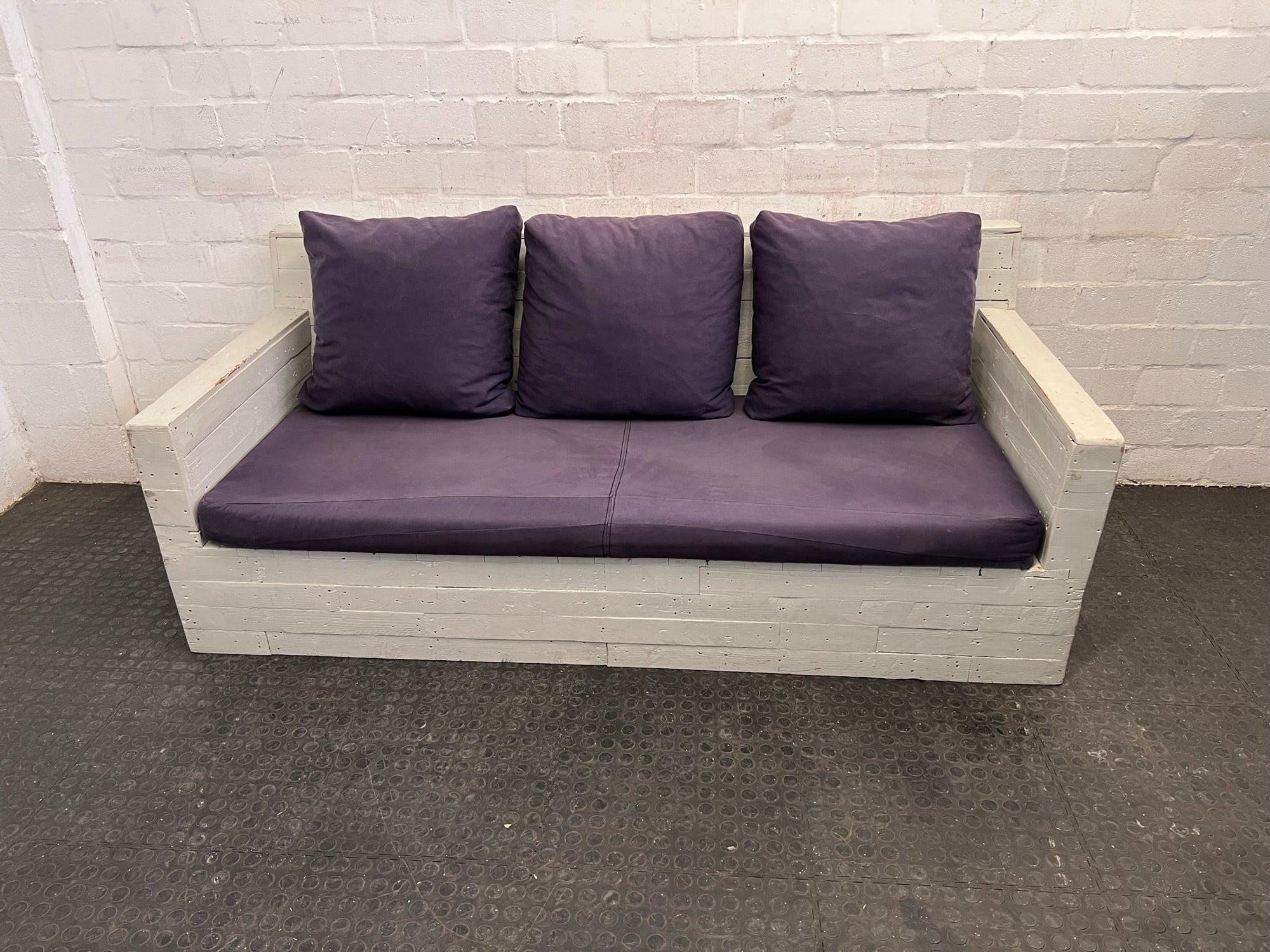 White Pallet Wood Three Seater Couch with Deep Purple Cushions - REDUCED