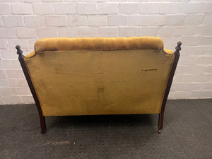 Mustard Velvet Wood Carved 2 Seater Couch - Small Fabric Damage - REDUCED
