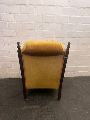 Mustard Velvet Wood Caved Arm Chair - Fabric and Leg Damage - REDUCED