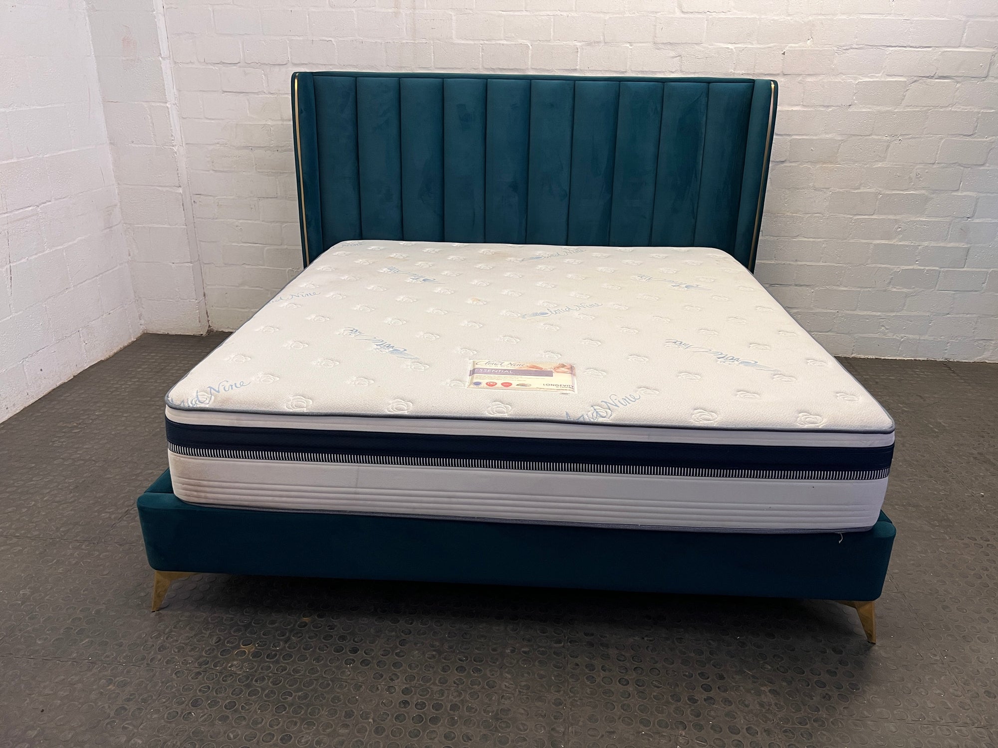 Emerald Green King Sized Bed Base and Headboard with Gold Detailing and Cloud 9 Essential Mattress - REDUCED
