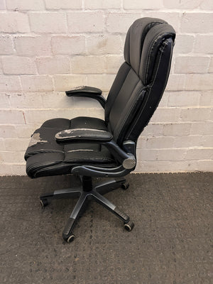 Black Padded Office Armchair on Wheels (Peeling Pleather)