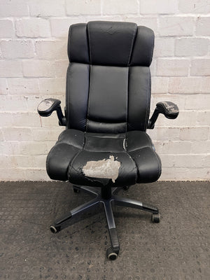 Black Padded Office Armchair on Wheels (Peeling Pleather)