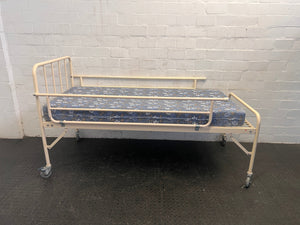 Adjustable Hospital Single Bed with Blue Floral Mattress and Cot Sides on Wheels (Pilling)