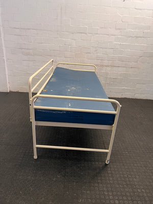 Adjustable Hospital Single Bed with Blue Mattress and Cot Sides (Torn/Stained)