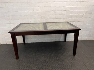Six Seater Wicker Dining Room Table with Dark Wooden Frame and Glass Top