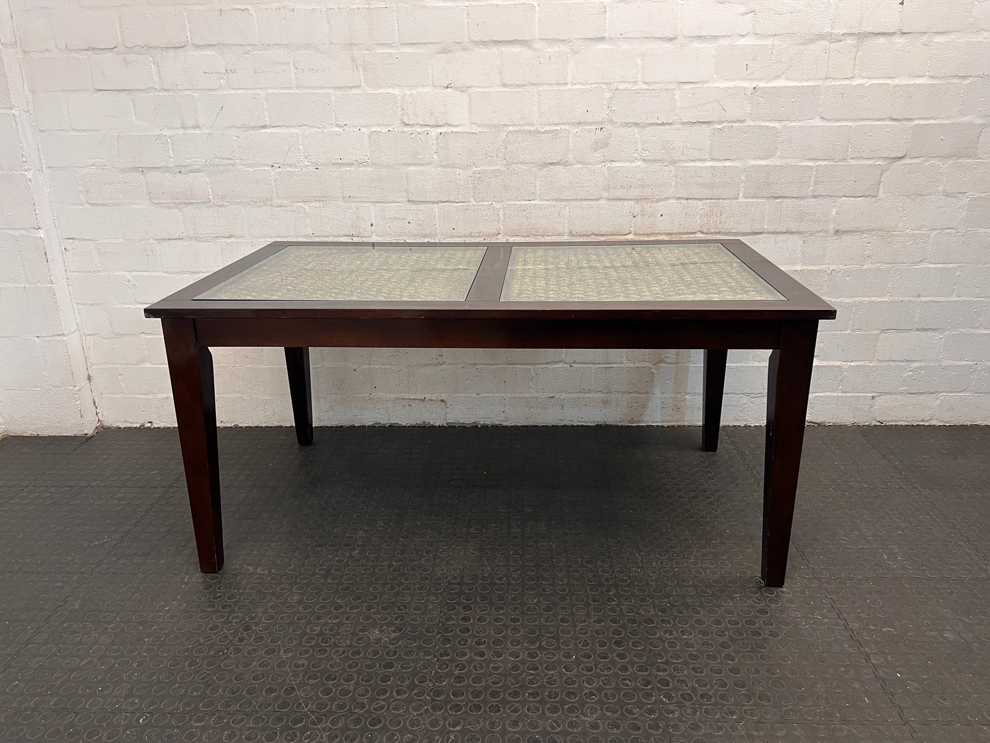 Six Seater Wicker Dining Room Table with Dark Wooden Frame and Glass Top