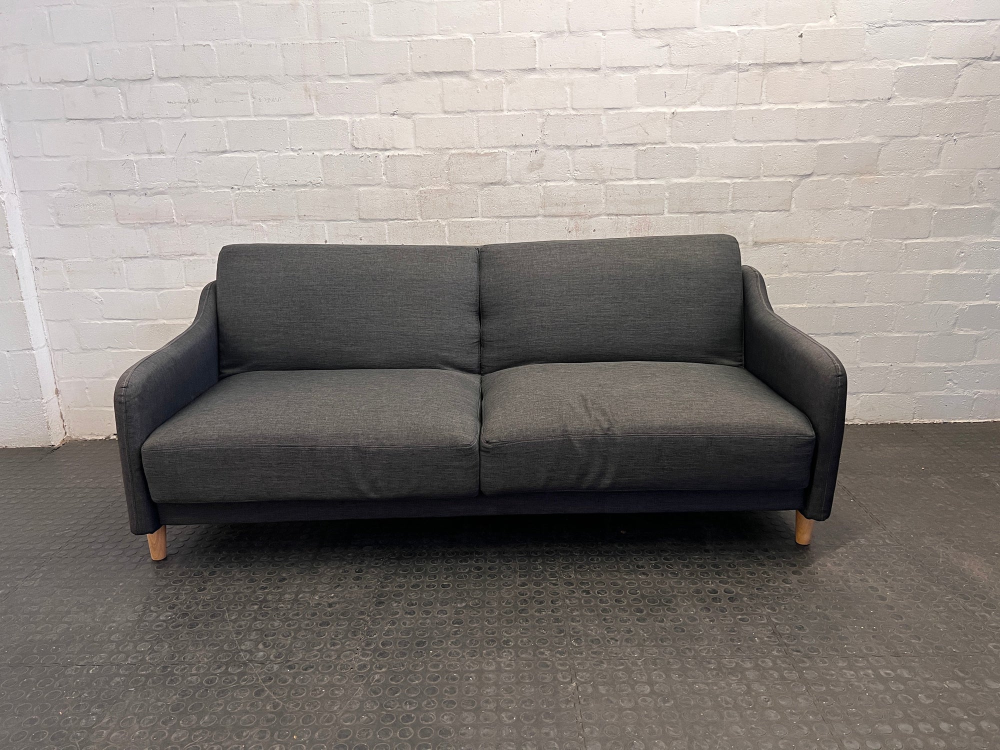 Grey Three Seater Sleeper Couch with  Wooden Legs