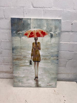 Girl with Brown Jacket in the Rain Canvas Artwork