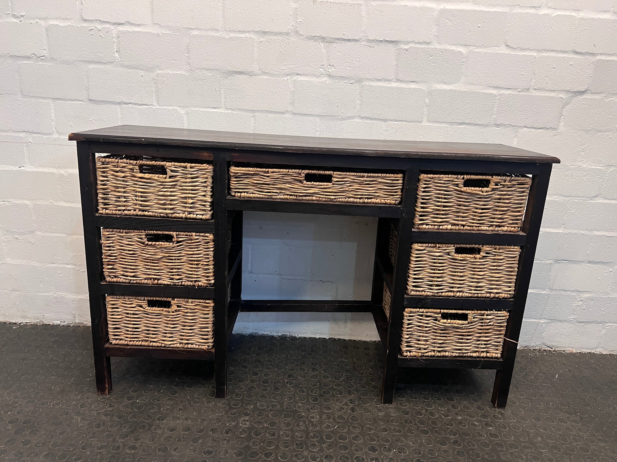 Dark Wood Server with Seven Wicker Drawers