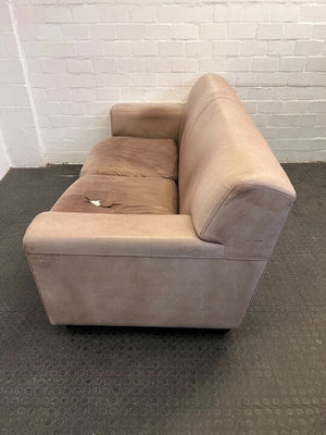Beige Leather Three Seater Couch (Stained/Discoloured with Minor Tears)(Torn Cushion) - REDUCED