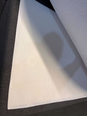 Modern Grey Upholstered Bed with Tufted Headboard & Mattress Topper