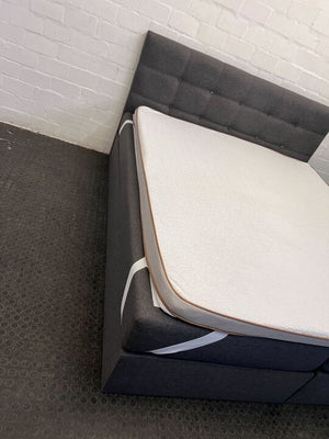 Modern Grey Upholstered Bed with Tufted Headboard & Mattress Topper