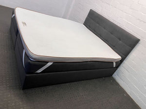 Modern Grey Upholstered Bed with Tufted Headboard & Mattress Topper