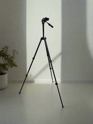 Camera on a tripod against a plain wall with a plant to the left.