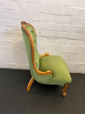 Vintage Green Upholstered Accent Chair with Carved Wood Frame
